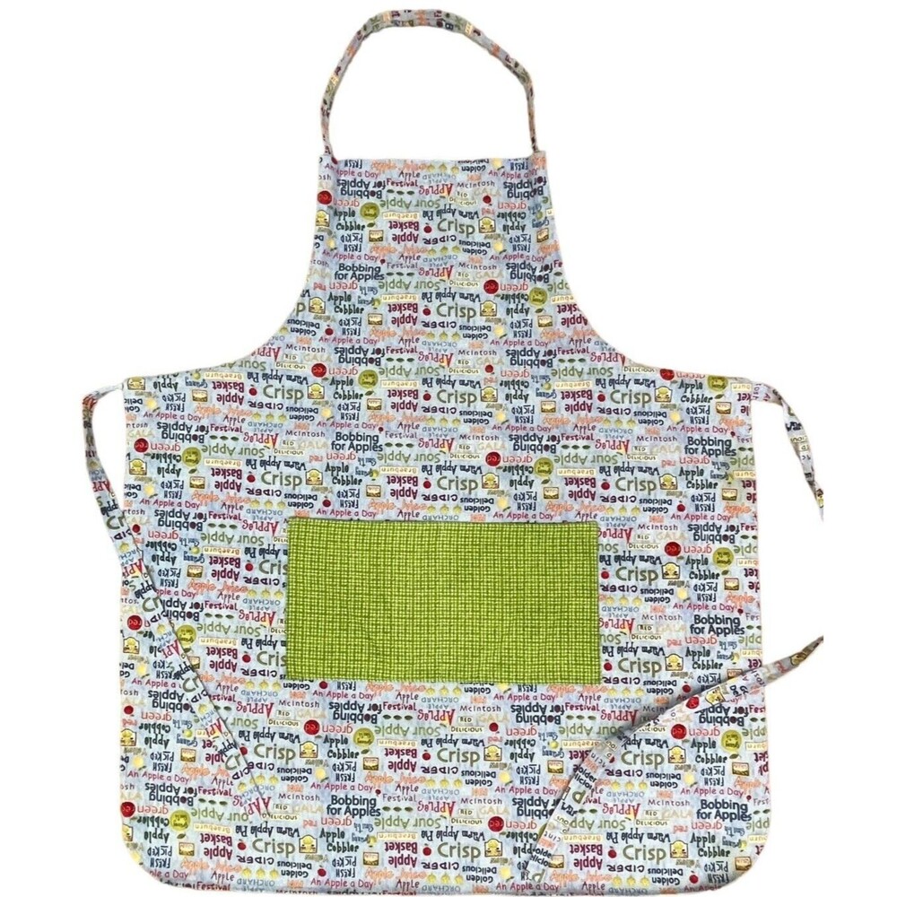 Apples Hostess Apron w Pocket Harvest Fest Green Multicolor Adjustable OS